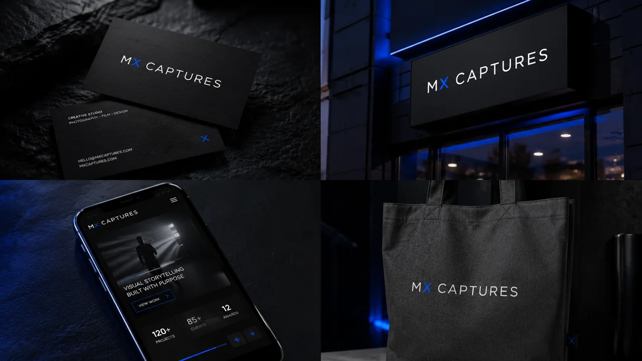 Identité MxCaptures déclinée : biz card, signalétique nuit, écran phone, tote.