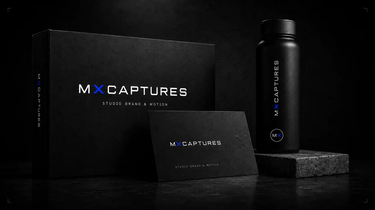 Pack MxCaptures en rendu 3D : boîte signature, bouteille metal, biz card. Lumière cinéma, sur charte.