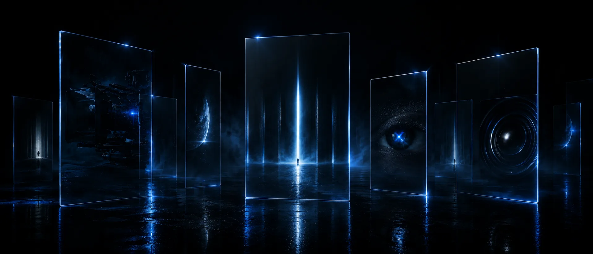 Horizon planétaire et galerie d'univers en bleu cinématique